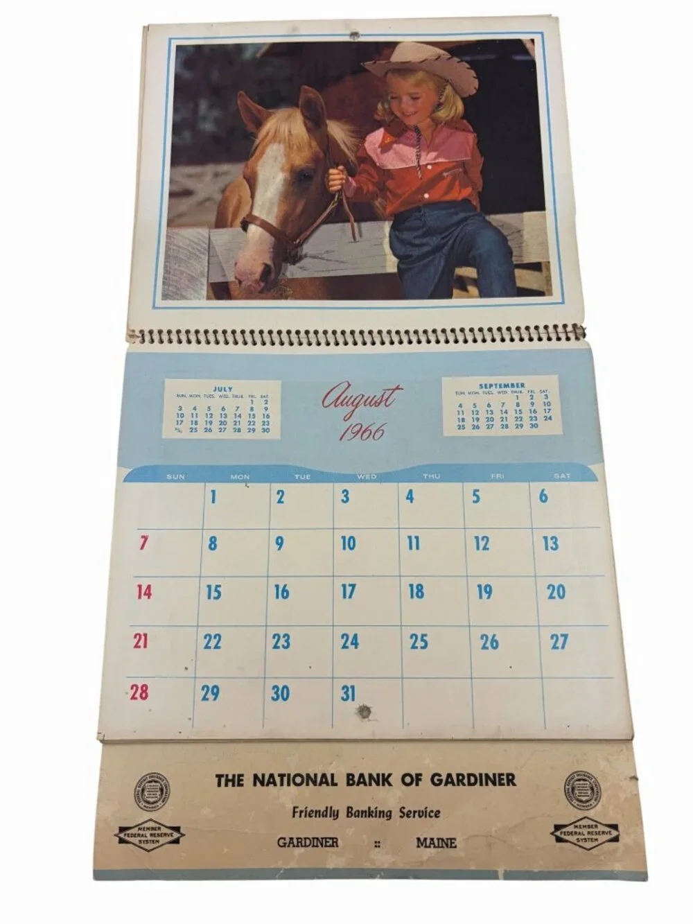 1966 National Bank Of Gardiner Maine Advertising Wall Calendar Scenic Art Decor